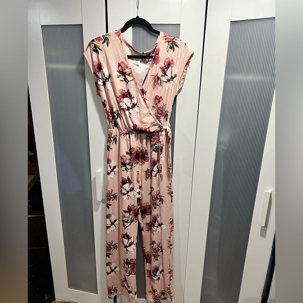 Caution To The Wind Pink and Red Floral Jumpsuit with Wrap V-Neck